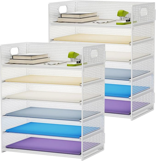 Marbrasse 2 Pack Desk Organizer with Handle, 6 Tier Paper Letter Tray, Mesh Desk File Organizer for Office, School and Home - Whtie by Marbrasse
