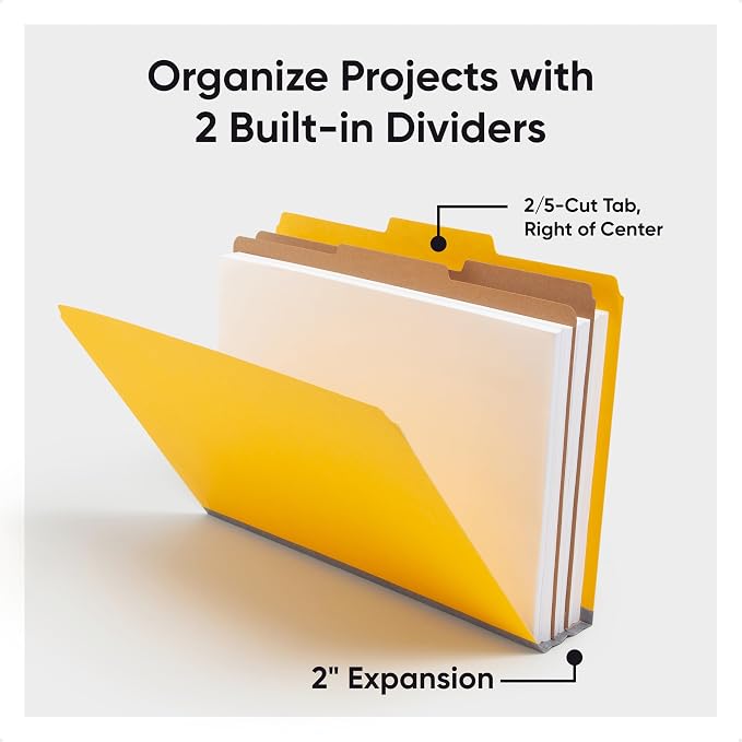 Smead Pressboard Legal Size File Folders with SafeSHIELD Fasteners, 2 Dividers, 2" Expansion, Office Folders, Paper Holder, Yellow, 10 per Box (19034) - Image 5