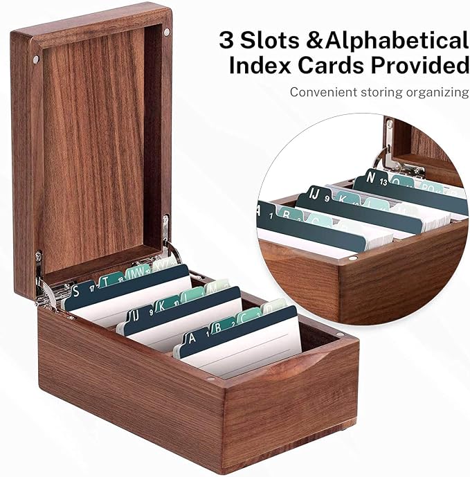 MaxGear Walnut Wood Business Card Organizer for 2.2" x 3.5" Cards | Business Card Holder for Desk, Index Cards Box Holds 300 Cards, Includes A-Z Tabs, Desktop Organizers for Office, Home - Image 2