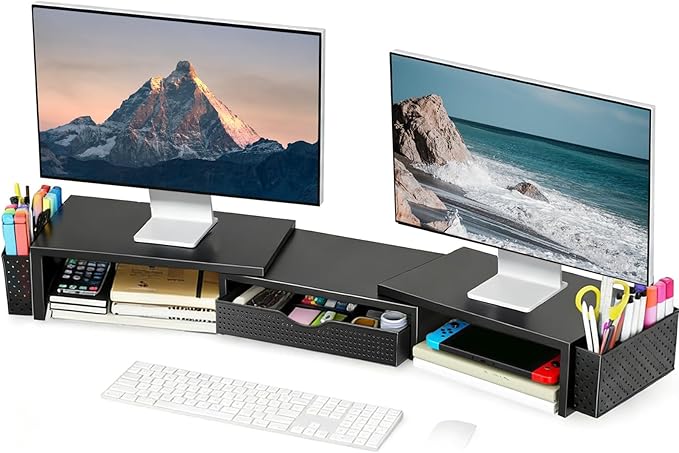 Spacrea Dual Monitor Stand Riser with Drawer and 2 Pen Holders | Monitor Riser Desk Organizers and Accessories,Desk Accessories & Workspace Desktop Organizers for Office Supplies (Black) by Spacrea