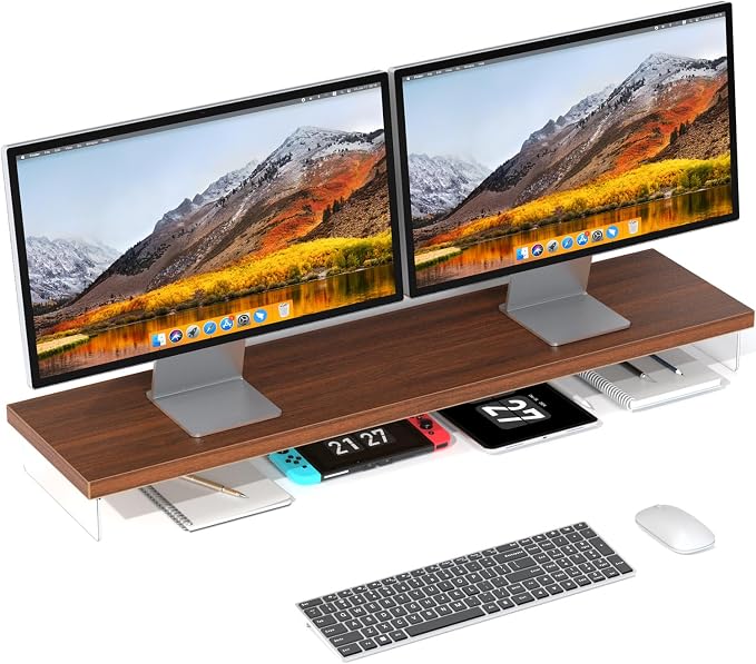Dual Monitor Stand Riser, 40x10 in Wood & Acrylic Desktop Organizer Shelf | Computer Monitor Stand Riser With Wood & Acrylic Design; Fits 2 Monitors, Laptop, Printer And Desk Supplies For Office Use. by SSWOOD
