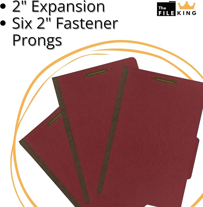 The File King Pressboard Classification Ruby Red Partition File Folder | Legal Size - Box of 10 | Two Dividers | Six 2” Durable Fastener Prongs | 2/5 Cut Top Tab | 2” Expansion - Image 4