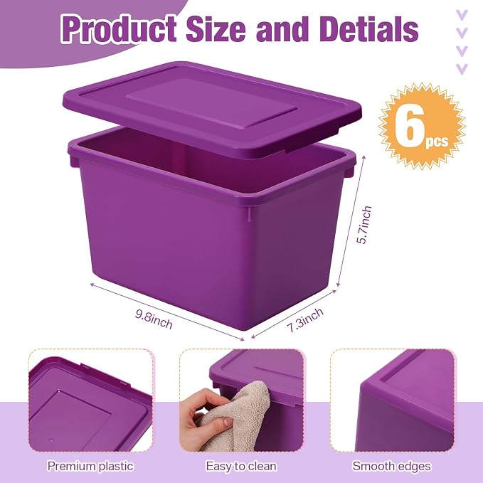 Potchen 6 Pack Small Stackable Storage Bins with Lids Plastic Storage Boxes for Classroom 9.8" ×7.3" ×5.7" Decorative Organizer Bins for Craft Art Office Teacher Supplies (Colorful) - Image 2
