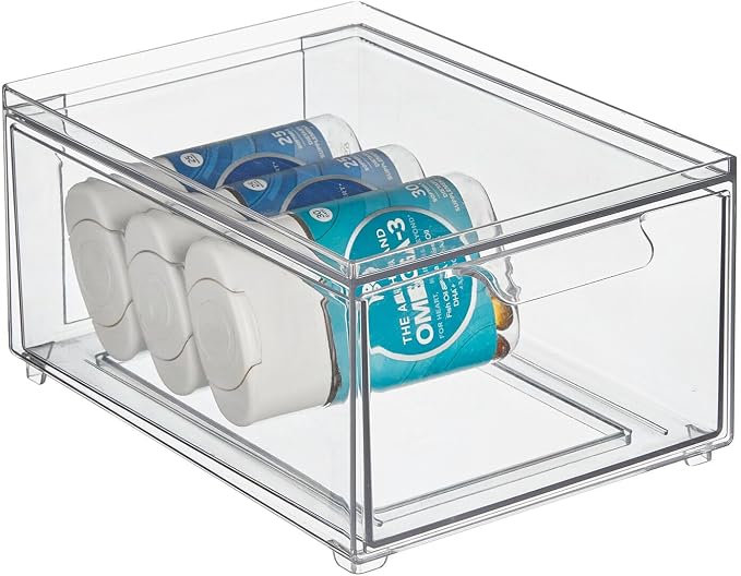 mDesign Plastic Bathroom Organizer Bin w/Pull Out Drawer - Slim Stackable Storage Container for Bathroom Accessories - Perfect for Organizing Bathroom Cabinet - Lumiere Collection - 8 Pack - Clear - Image 8