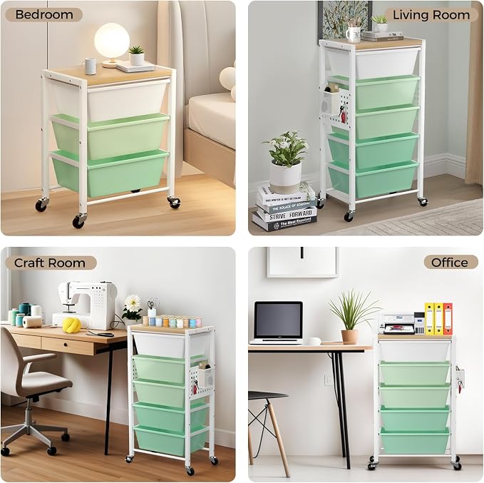Rolling Cart with 3 Drawers, Plastic Drawer Storage Carts with Lockable Wheels & Wooden Tabletop, Metal Utility Cart Organizer, Office Bedroom Classroom Craft Organization and Storage, Bright Green - Image 6