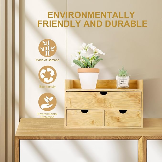 Charmewooden Bamboo Desk Organizer With Drawers Countertop Drawers Counter Storage Box Corner Desk Organizer for Home Office No Assembly Required (3 Drawers with shelf) - Image 4