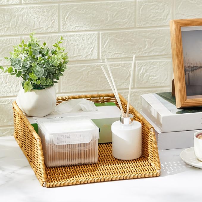 Yeaqee 2 Pcs Paper Tray Organizer for Desk Woven Letter File Organizer A4 File Tray Desk Paper Basket Letter Size Imitation Rattan Holder Organization Rack for Office Storage(Brown,Sleek Style) - Image 7