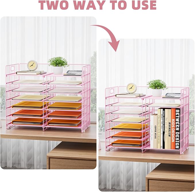 Marbrasse Desktop Literature Organizer, 12 Compartments Mesh Paper Organizer Desk Organizers, Adjustable File Sorter Mail Center Paper Storage Cabinet Classroom Mailbox for Office Home School, Pink - Image 6