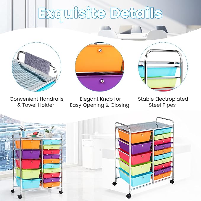 COSTWAY 15 Drawer Rolling Storage Cart, Mobile Storage Organizer | Removable Drawers & Metal Frame, Multipurpose Utility Tools Paper Organizer on Wheels for Home, Office (Multi-color) - Image 5