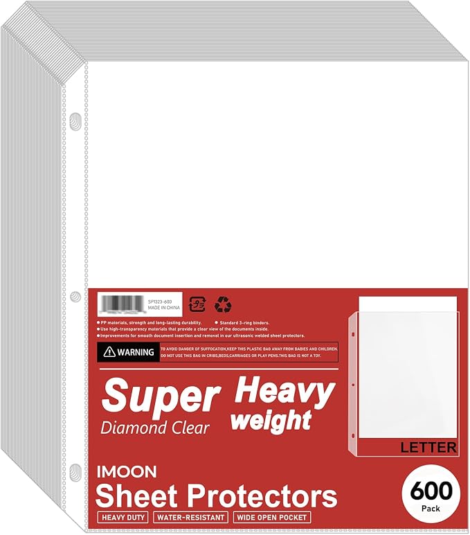 Super Heavyweight 3-Hole Letter Size Sheet Protectors - High Transparency Plastic Heavy Duty Sleeves for 3 Ring Binders, Archival Safe, Durable Page Protectors for Documents, 8.5x11 Inch (600 Pack) by Unknown
