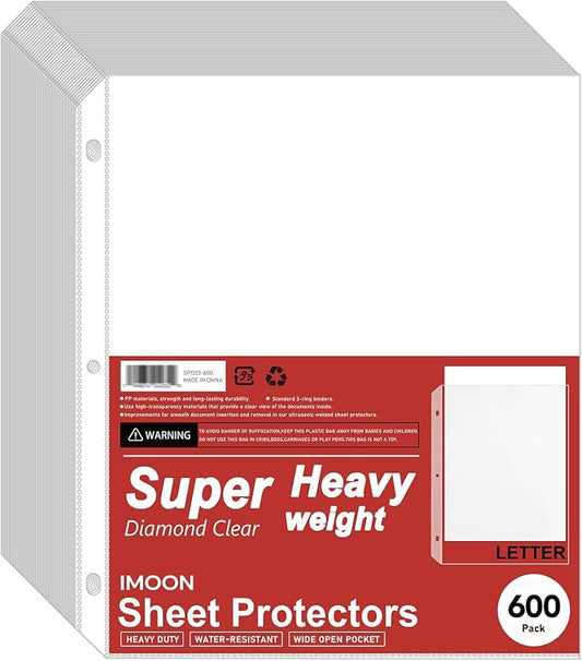 Super Heavyweight 3-Hole Letter Size Sheet Protectors - High Transparency Plastic Heavy Duty Sleeves for 3 Ring Binders, Archival Safe, Durable Page Protectors for Documents, 8.5x11 Inch (600 Pack) by Unknown