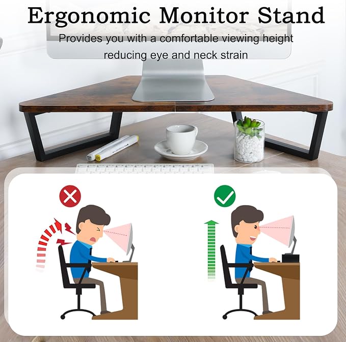 TEAMIX 26 inch Corner Monitor Stand Riser with Keyboard Storage, Espresso | Triangle Monitor Stand, Wood & Metal Computer Stand, Laptop Riser, Desktop Organizer, for L Shaped Desk, Home Office & Gaming - Image 7