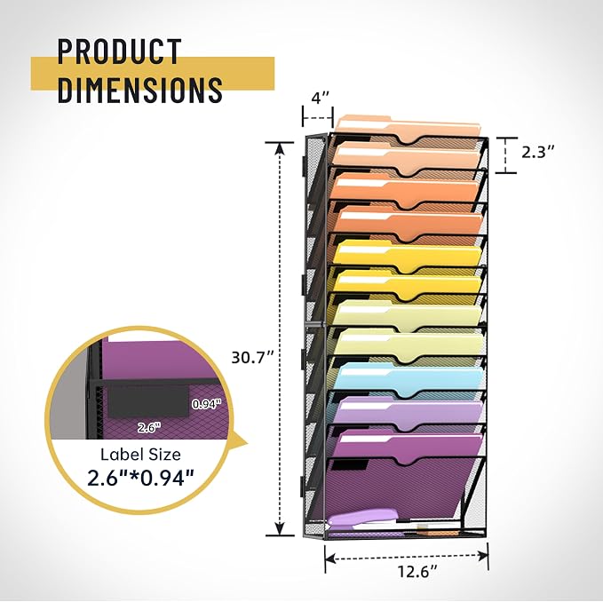 12-Tier Wall File Organizer, Mesh Hanging Wall Mount File Holder | Paper, Folder, Magazine Rack Great for Office Home School, Assembly Needed, Black - Image 3