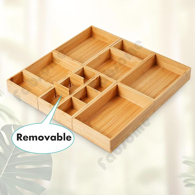 Fabsome Drawer Organizer, Set of 9 Bamboo Wood Kitchen Makeup Desk Junk Tea Drawer Storage Boxes Bins for Cutlery Silverware Utensils Flatware, Small Wooden Container Tray for Bathroom, Office - Image 9
