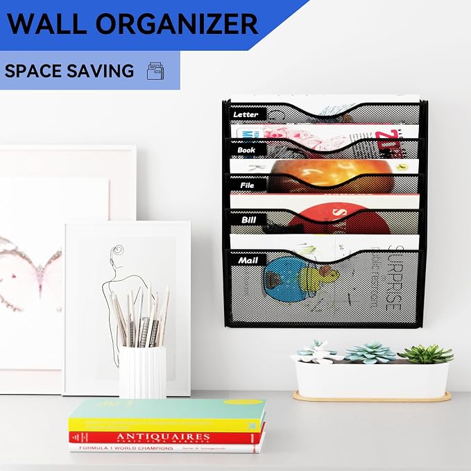 5 Pockets Hanging Wall File Organizer Mail Holder, Wall Mounted Paper Document Folder Holder, Clipboard Storage Organization Magazine Rack, Black - Image 2