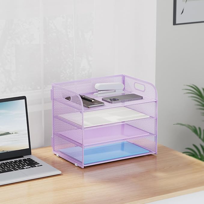 Marbrasse 2 Pack 4 Tier Paper Organizer Letter Tray - Mesh Desk File Organizer with Handle, Paper Sorter Organizer for Letter/A4 Office File Folder Holder (Purple, 12.6" x 9.1" x 10.7") - Image 7