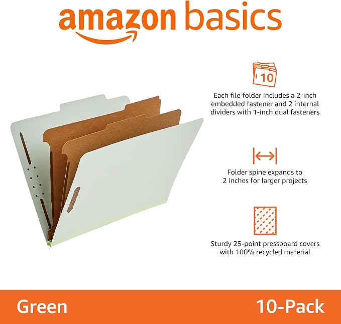 Amazon Basics Sturdy Pressboard Classification File Folders with Fasteners, Dividers, 2" Expansion for Documents Organization, 11.97 x 10.55 inch, Green, 20-Pack - Image 4