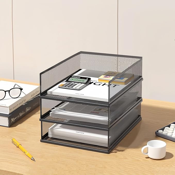 A3 Mesh Desk File Organizer, Stackable Paper Tray，Desktop Document Sorter, File Storage, 3/4/5-Tier Paper Letter Tray Organizer, Desk Accessories & Workspace, Black (3 Tier-Portrait-Black) by wen-liz-US