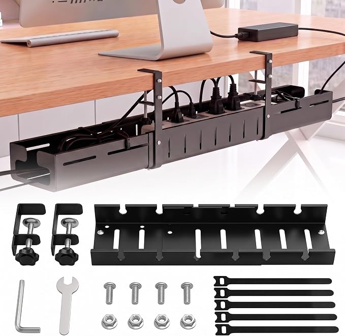 Under Desk Cable Tray, Clamp-On, 12-21.6in Expandable Metal Wire Organizer | drill-free quick installation, 22lbs load bearing, ventilated bottom, fits motorized standing desks, tidies messy wiring by Unknown