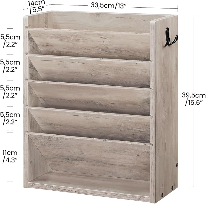 Wall File Organizer, 6-Tier Vertical Mount Hanging Holder with 2 Side Hooks, Modern Wooden Magazine Storage Holder with Bottom Tray, Desk Organizer, for Office, Home, Greige MWJ01FH - Image 3