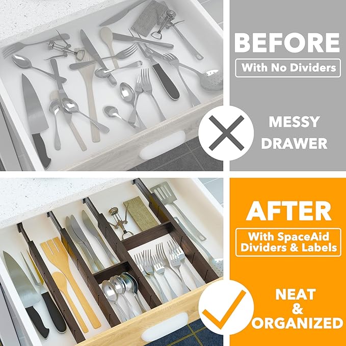 SpaceAid Bamboo Drawer Dividers with Inserts and Labels, Kitchen Adjustable Drawer Organizers, Expandable Organization for Home, Office, Dressers, 4 Dividers with 9 Inserts (17"-22" Black) - Image 2
