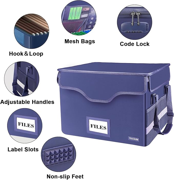 DocSafe Fireproof Document Box with Lock,File Storage Organizer with Pockets,Collapsible Portable File Box Home Office Safe Filing Cabinet with Handle for Hanging Letter/Legal Folders,Blue,2 Pack - Image 5