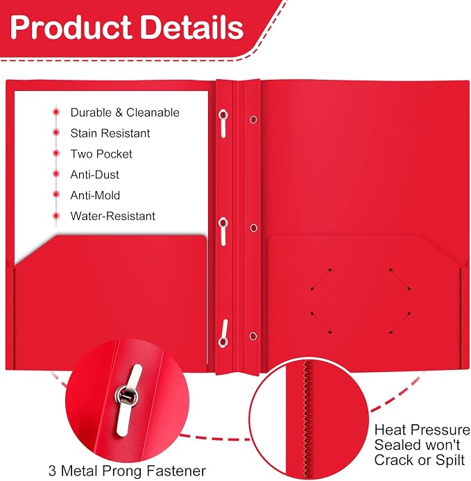 Heavy Duty Plastic Folder, 60 Pack, Pocket Folder with brads, Letter Size Poly File, Plastic Folders with 3 Prongs Fasteners - Red - Image 2