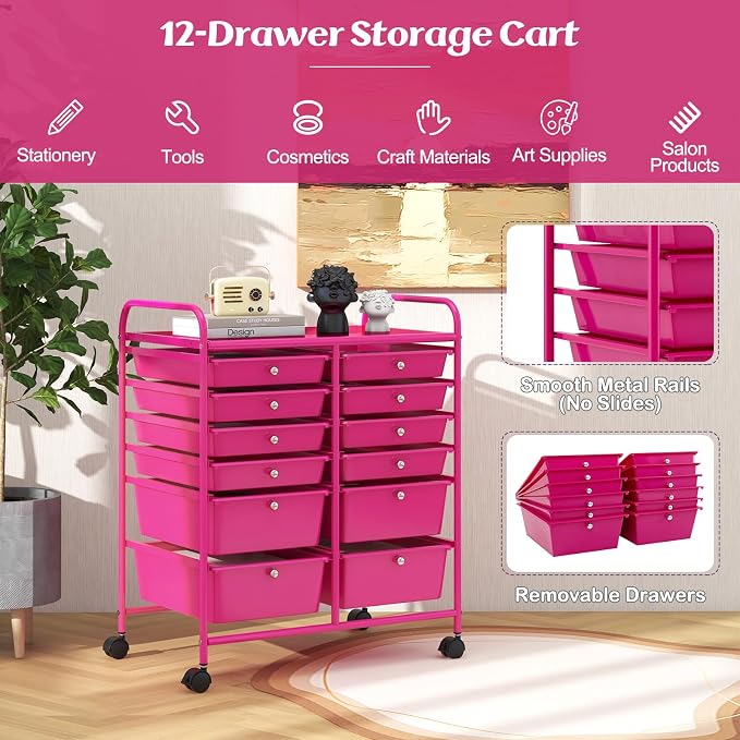 Moccha 12-Drawer Rolling Storage Cart - Utility Cart on Wheels with Lockable Casters for Craft Art Supply Paper Salon, Mobile Drawer Carts for Classroom Teacher School Office (Hot Pink) - Image 5