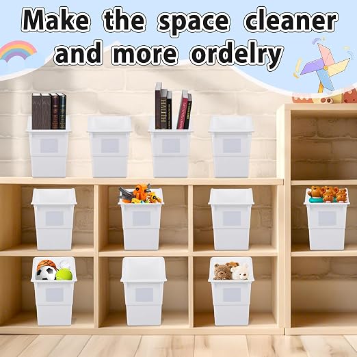gisgfim 12 Pack Large Book Bins with Labels (White) | Durable Plastic,Stackable Magazine Organizer,Storage Bins for Classroom,Library,Office,Bookshelf Categorization - Image 6