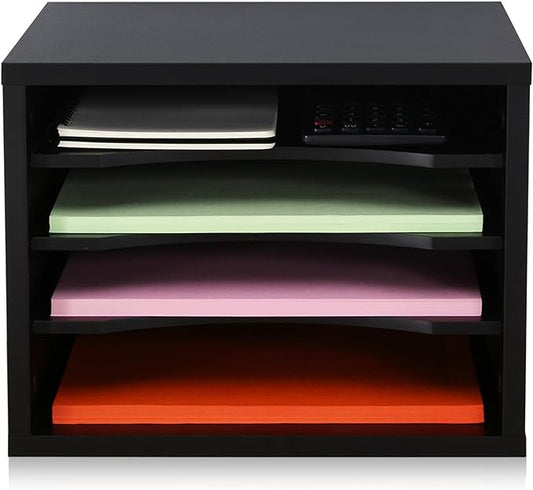 FITUEYES Wood Desk Paper Organizer for Home Office, Black | 4 Tiers Storage, Adjustable Shelves, Desktop File Holder, Document Letter Sorter Tray, Wooden Mail Rack by FITUEYES