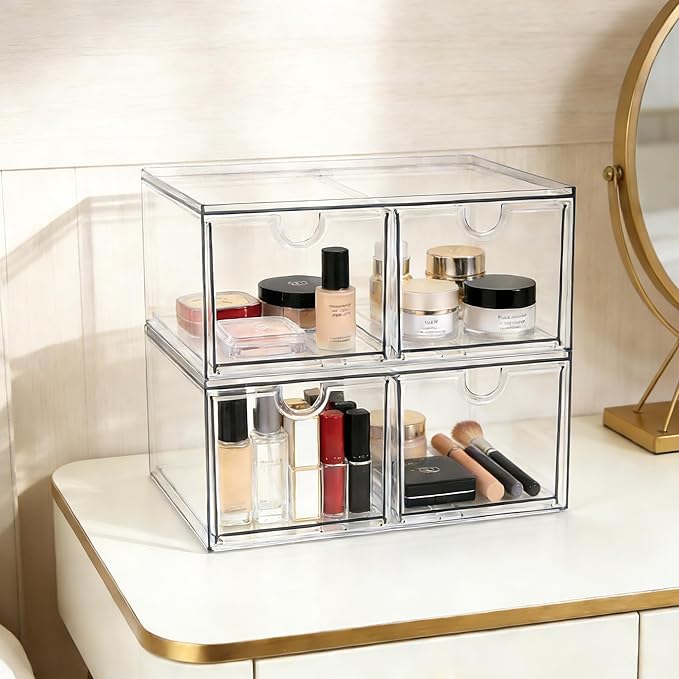 Prsildan Acrylic Storage Drawers Clear Makeup Organizer with 4 Drawers | Transparent, Stackable, For Vanity Bathroom Kitchen Cabinets Office Desk Undersink, Cosmetics Toiletries Home Small Items - Image 2