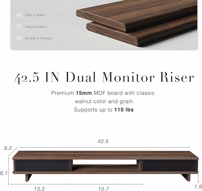 Dual Monitor Stand Riser with Storage Drawer for Desk Organization | Fits Dual 32" Monitors, Walnut Finish, Hidden Storage, Ergonomic Height, Holds 110lbs, No Flex, Quick Setup - Image 2