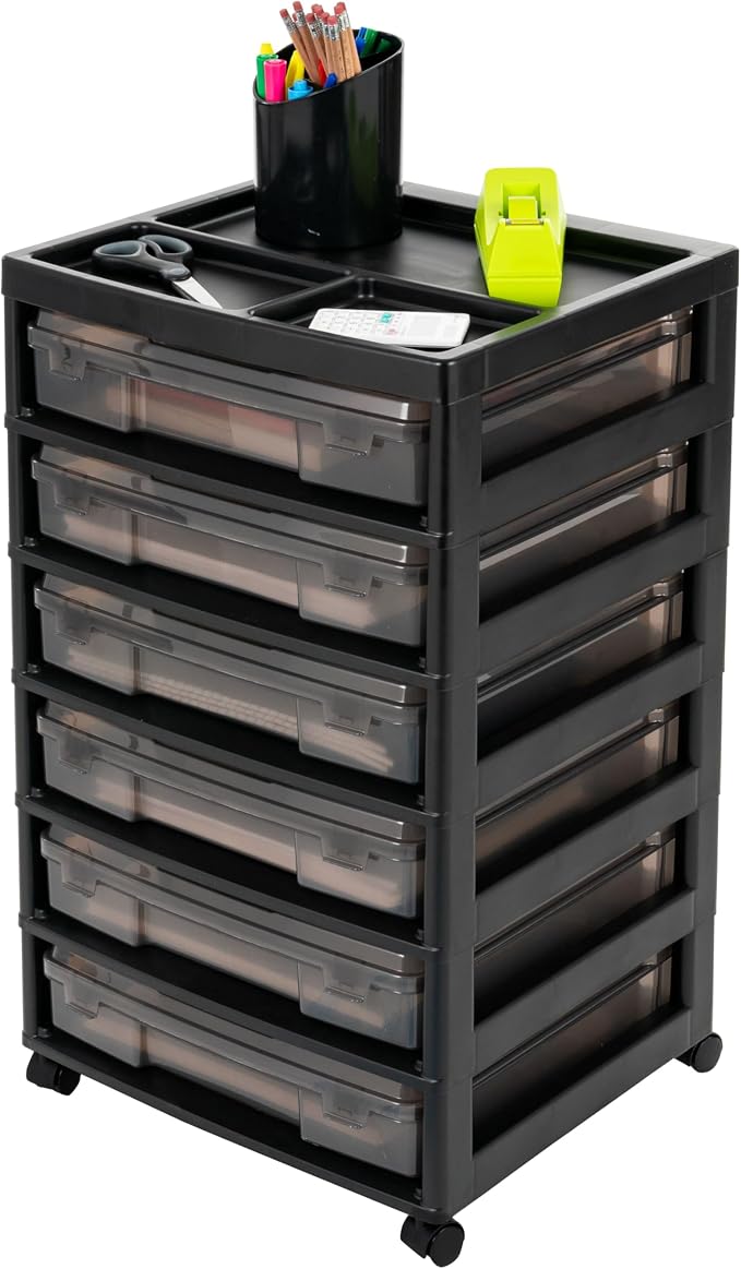 IRIS USA Rolling Cart with Drawers |Made in USA| 6-Tier Cases - Black/Gray | Fits 12"x12" Paper, Built-In Handles, Storage Unit with Supply Top for Craft, Art, Office Supplies, Pens & Pencils by IRISUSA