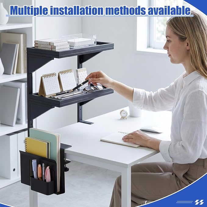 Chumia 2 Tier Clamp on Desk Clamp on Laptop Mount with Pen Holder Desktop Shelves Organizer Desktop Organizer Desk Organizers and Accessories Table Extender Attachment Shelves for Home Office - Image 4