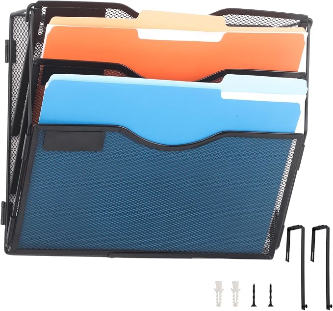 3 Pocket Mesh Hanging Wall File Organizer with Hangers & Nametag Label, Wall Mounted Mail Paper Document Folder Holder, Clipboard Storage Organization Magazine Rack for Office Cubicle, Black by EASEPRES