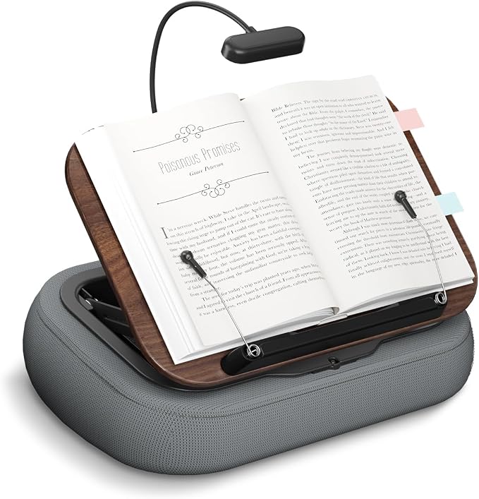 Lap Beanbag Book Stand with Storage, Adjustable Reading Pillow for Bed & Desk, Multi-Angle Book Stand Pillow Holder, Hands-Free Lap Reading Stand for Book,iPad, Tablet (Dark Wood with Light) by SupeDesk
