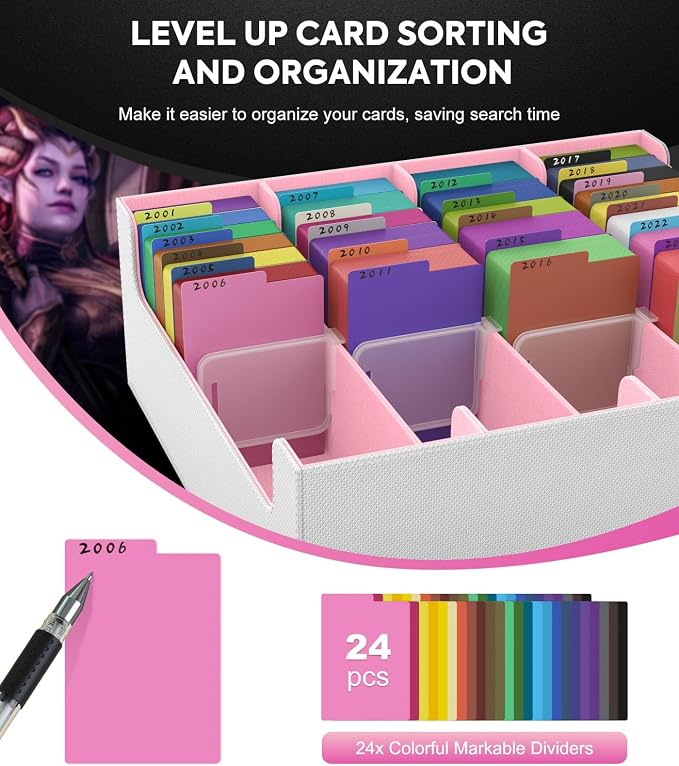 MoKo Trading Card Storage Box for MTG, 3000+ Card Organizer, Pink+White | MTG Deck Box, w/ 24 Colorful Dividers & 4 Card Supporters, MTG Card Storage for Magic Game, TCG, PTG Baseball and Sport Cards - Image 5