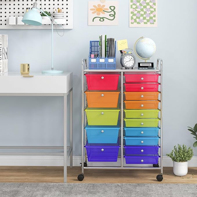 Giantex 15 Drawer Rolling Cart with Drawers, Storage Organizer Cart for Classroom Office School Teacher, Mobile Drawer Cart for Tools, Crafts, Small Printer, Paper (Clear Red+Orange+Green+Blue+Purple) - Image 2