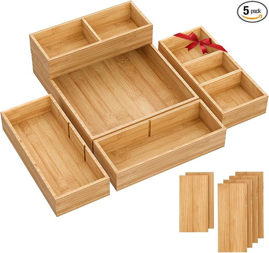 Bamboo Drawer Organizer, 5-Piece Stackable Trays with Removable Dividers | Junk drawer organizer, assorted tray sizes, 5-11 customizable compartments, nestable, kitchen utensils, bathroom, office by Unknown