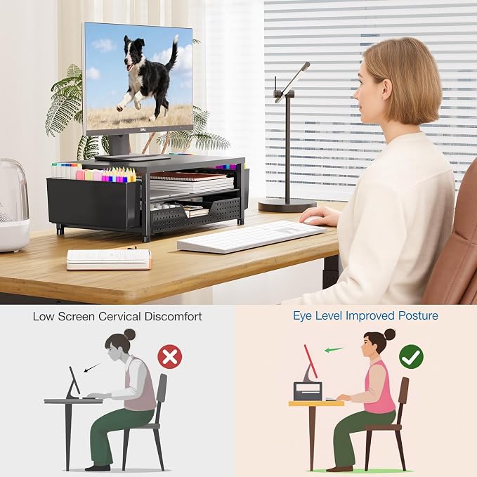 Desk Organizers and Accessories, Computer Monitor Stand Riser with Drawer and 2 Pen Holders, Printer & Laptop Stand, Office Desk Accessories & Workspace Organizers for Home Office Supplies, Black 2-Pack - Image 7