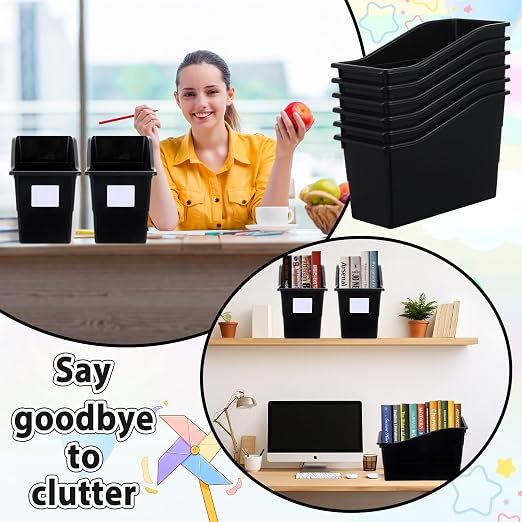 gisgfim 12 Pack Large Book Bins with Labels (Black) | Durable Plastic,Stackable Magazine Organizer,Storage Bins for Classroom,Library,Office,Bookshelf Categorization - Image 5