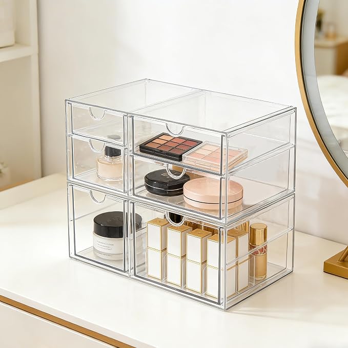 Prsildan Acrylic Makeup Organizer Clear Storage Drawer with 6 Small Drawers | Transparent, Vanity Organizers, For Bathroom Kitchen Cabinet Office Desk Under Sink, Set of 2 - Image 2