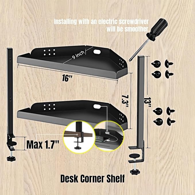 CanKing Desk Clamp Shelf, 16 Inch Corner | 2-Tier height adjustable metal shelf, clamp-mounted only above or under desk corners for office & gaming cubicles - Image 3