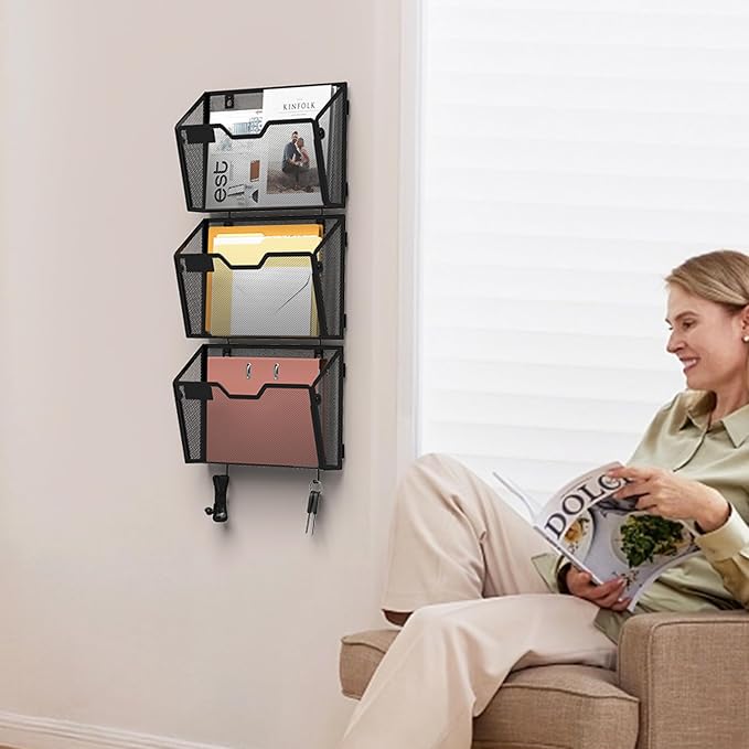 YINGHUA 6 Pack Wall Mounted Mesh File Folder Organizer with Hooks, Black | 12.6" durable metal hanging baskets. Perfect vertical storage for mail, magazines and papers in office, home or school. - Image 6