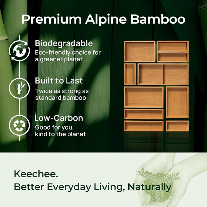 keechee 10-Piece Bamboo Drawer Organizer Set, 2.2" Deep Multi-Use Organizers for Utensils, Silverware, Cutlery, Desk, Bathroom, Junk Drawer & Makeup, Non-Slip Feet Included. - Image 7