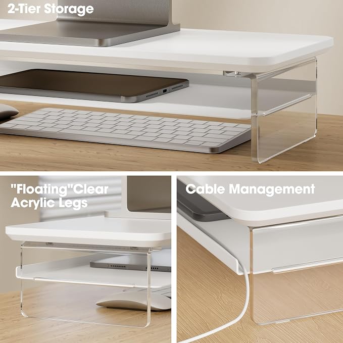 Fenge 23.6" Monitor Stand with Clear Acrylic Legs, White | Clear Acrylic, Storage Compartment, 2-tier Home Office Monitor Riser, Wide Large Desktop Shelf Fit Monitor/Laptop/Printer - Image 3