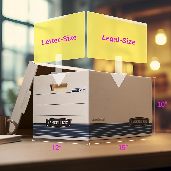 Bankers Box 12-Pack Medium-Duty File Storage Boxes, Letter/Legal, FastFold | Speed through filing with FastFold setup, sturdy stacking, reinforced handles, and dependable document protection. - Image 3