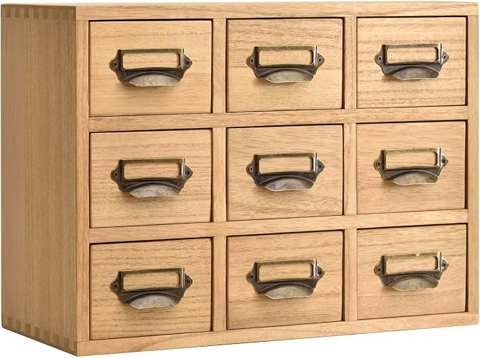 KIRIGEN Wooden Desk Organizer with 9 Drawers, Storage Cabinet, Natural | Solid Wood Desktop Organizer with Metal Label Handles for Office Supplies, Crafts, Tea Bags, Makeup, Fully Assembled by KIRIGEN