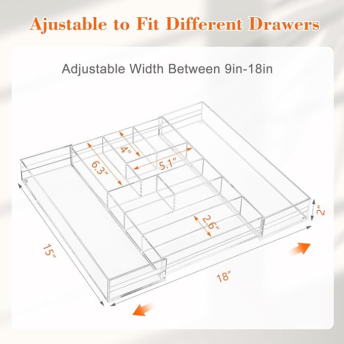 Briwooody Clear Acrylic Drawer Organizer Expandable,9 Compartments,Large | 9'' up to 18'' x 12'' x 2.1'' Desk Drawer Organizer Trays Adjustable with Desk Accessories for Makeup Office Bathroom - Image 2