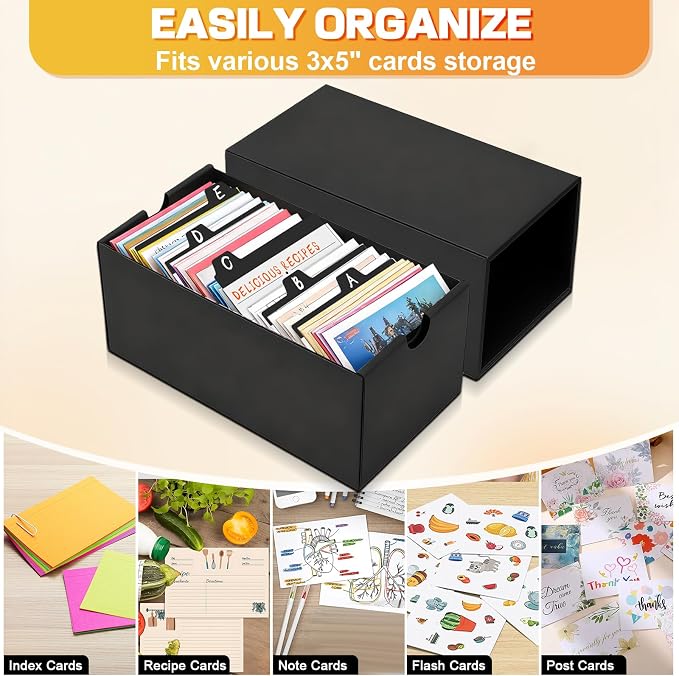 12Packs 3x5 Index Card Box,Index Card Organizer Box with Lid,Hold 12000 Cards,Black Recipe Holder for 3''x5'' Notecard Recipe Flashcard Card - Image 5